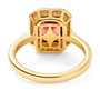 back view of emerald cut garnet and moissanite halo ring in 18k yellow gold over sterling silver