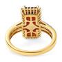 back view of baguette cut garnet and moissanite halo ring in 18k yellow gold over sterling silver