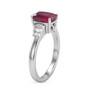 side view cushion ruby moissanite ring in rhodium over sterling silver