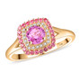 front view of pink sapphire pink spinel and diamond halo ring in 10k yellow gold