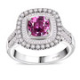 front view of pink sapphire and diamond double halo ring in 950 platinum