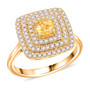 angled view of yellow sapphire and diamond triple halo ring in 14k yellow gold