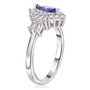 side view of tanzanite and moissanite halo ring in rhodium over sterling silver