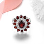 full view of garnet halo ring in rhodium over 925 sterling silver