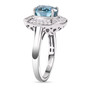 side view of blue zircon and diamond halo ring in 950 platinum