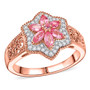 front view of pink spinel and white zircon floral cluster ring in 18k rose gold over sterling silver