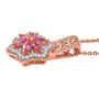 side view of pink spinel and white zircon floral cluster pendant necklace in 18k rose gold over sterling silver