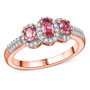 front view of pink spinel oval and moissanite trilogy halo ring in 18k rose gold over sterling silver
