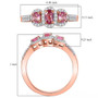 pink spinel oval and moissanite trilogy halo ring in 18k rose gold over sterling silver shown for size comparison
