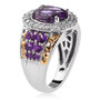 side view of amethyst and white zircon halo two-tone 18k yellow gold and rhodium over sterling silver