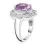 kunzite and diamond flower shaped halo ring in rhodium over sterling silver side profile