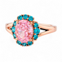 pink and blue cubic zirconia halo ring in 18k rose gold over sterling silver angled view