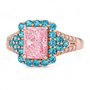 angled view of pink blue and white cz halo ring in 18k rose gold over sterling silver