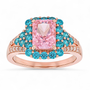 front view of pink blue and white cz halo ring in 18k rose gold over sterling silver
