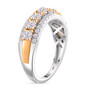 side view of moissanite cluster band ring in 18k yellow gold and rhodium over sterling silver