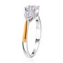 side view moissanite three stone ring in 18k yellow gold and rhodium over sterling silver