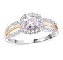 moissanite halo ring in 18k yellow gold and rhodium over sterling silver front view