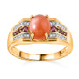 front view of peach moonstone rhodolite and zircon gents ring in 18k yellow gold over sterling silver