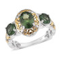 green apatite three stone ring in two tone 18k yellow gold and rhodium over sterling silver front