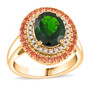 oval chrome diopside ring with diamond and padparadscha sapphire double halo in 10k yellow gold front view