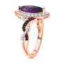 side view of marquise amethyst white and brown zircon halo ring in 18k rose gold over sterling silver