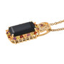 side view of black spinel and multi gemstone halo pendant necklace in 18k yellow gold over sterling silver