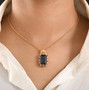 black spinel and multi gemstone halo pendant necklace in 18k yellow gold over sterling silver on neck