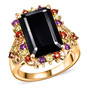 black spinel and multi gemstone halo ring in 18k yellow gold over sterling silver front view