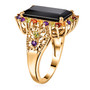 side view of black spinel and multi gemstone halo ring in 18k yellow gold over sterling silver