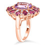 side view of rose de france amethyst multi gemstone halo ring in 18k rose gold over sterling silver