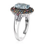 side view of aquamarine and multi-color lab diamond halo ring in rhodium over sterling silver