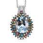 front view of aquamarine and multi-color lab diamond halo pendant necklace in rhodium over sterling silver