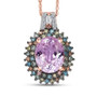 front view of kunzite and multi-color lab diamond halo pendant necklace in 18k rose gold over sterling silver