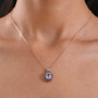 kunzite and multi-color lab diamond halo pendant necklace in 18k rose gold over sterling silver worn around the neck