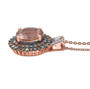 side view of morganite and multi-color lab diamond halo pendant necklace in 18k rose gold over sterling silver