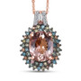 front view of morganite and multi-color lab diamond halo pendant necklace in 18k rose gold over sterling silver