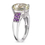 side view of prasiolte and amethyst ring in rhodium over sterling silver