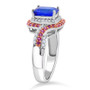 side view of blue spinel emerald cut pink sapphire and moissanite double halo bypass ring in rhodium over sterling silver