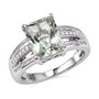 angled view of prasiolite and zircon ring in rhodium over sterling silver