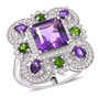 angled view of amethyst chrome diopside and zircon ring in rhodium over sterling silver