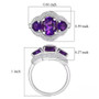 amethyst and moissanite three stone double halo ring in rhodium over sterling silver shown for size comparison