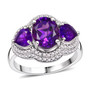 amethyst and moissanite three stone double halo ring in rhodium over sterling silver