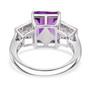 back view of amethyst and moissanite three stone ring in rhodium over sterling silver