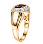 side view garnet and moissanite halo ring in 18k yellow gold over sterling silver