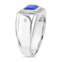 side view of blue spinel and moissanite emerald cut halo gents ring in rhodium over sterling silver