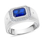 front view of blue spinel and moissanite emerald cut halo gents ring in rhodium over sterling silver