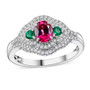 front view of mahenge pink spinel emerald and diamond three stone ring in 950 platinum