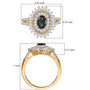 full view of indicolite tourmaline and moissanite double halo ring in 18k yellow gold over sterling silver