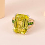 lemon quartz and chrome diopside cocktail ring in two-tone 18k yellow gold and rhodium over sterling silver shown in a lifestyle photo