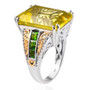 side view of lemon quartz and chrome diopside cocktail ring in two-tone 18k yellow gold and rhodium over sterling silver
